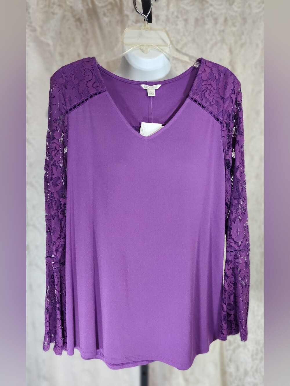 Purple V-Neck Knit Top Long Sleeve Lace